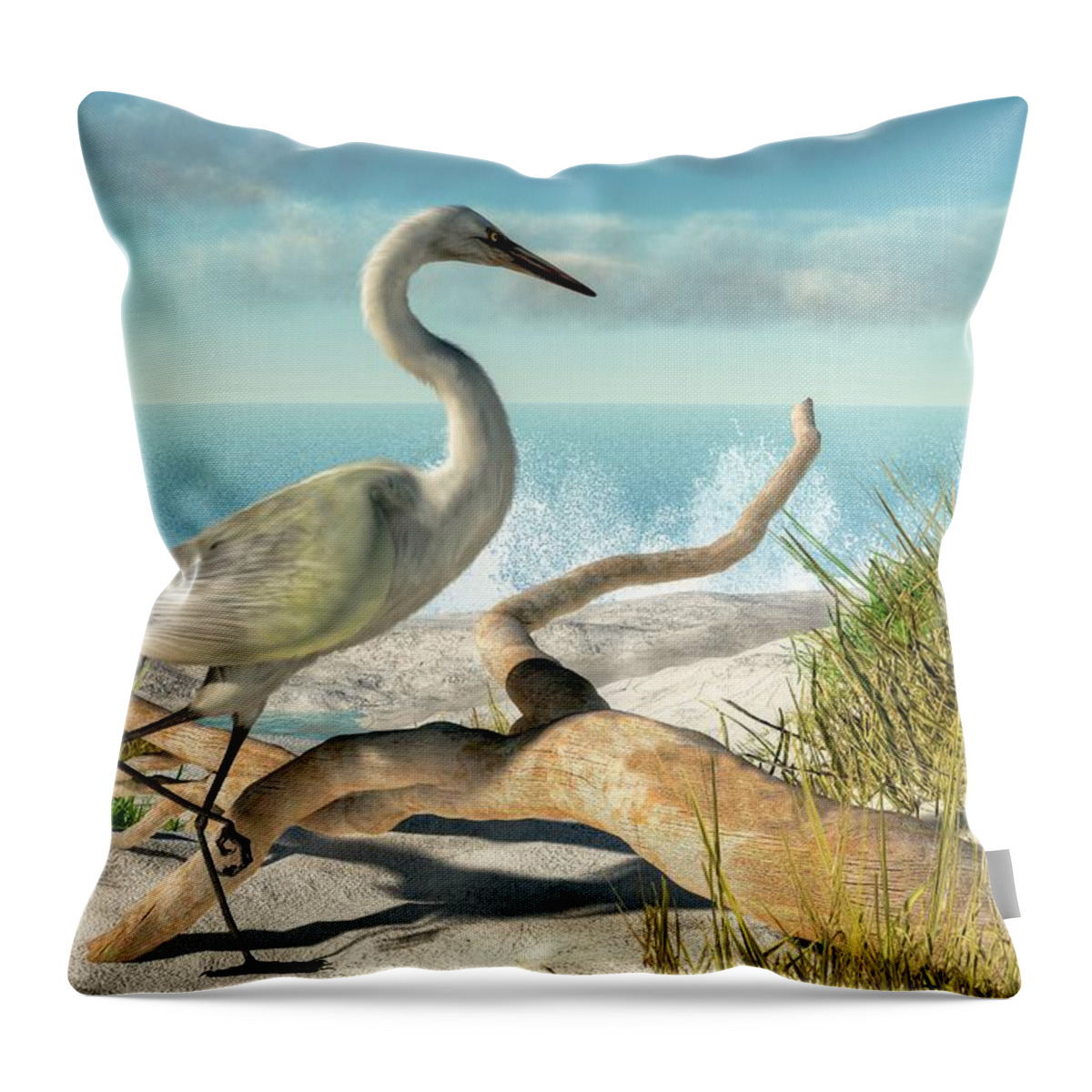 Egret Throw Pillow featuring the digital art Beach Egret by Daniel Eskridge