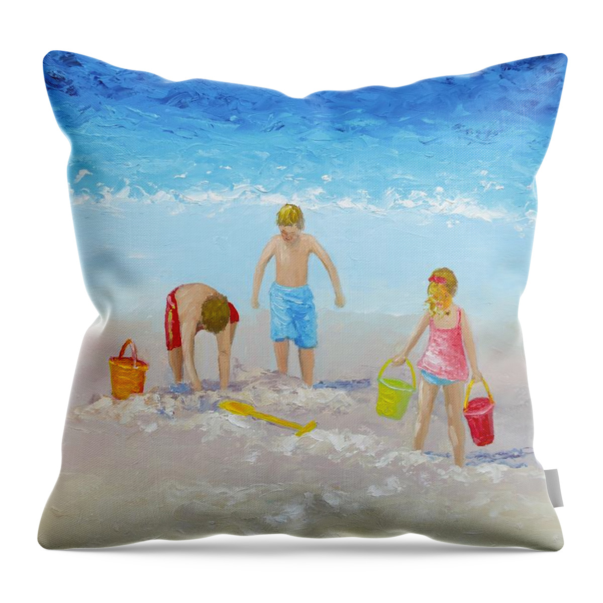 Beach Throw Pillow featuring the painting Beach painting - Sandcastles by Jan Matson