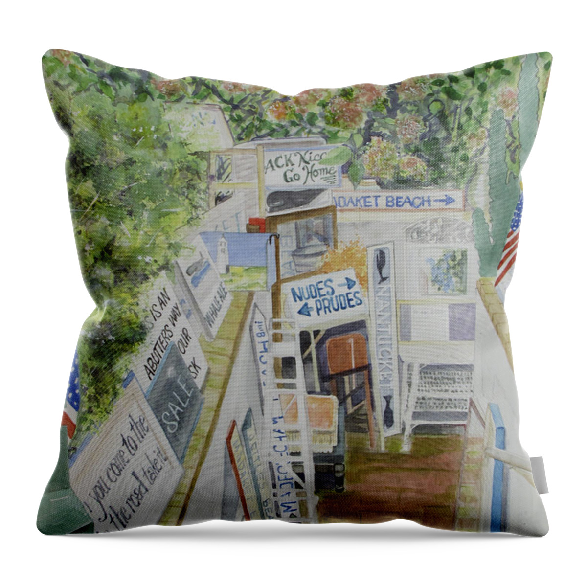 Nantucket Throw Pillow featuring the painting Beach Signs by Carol Flagg