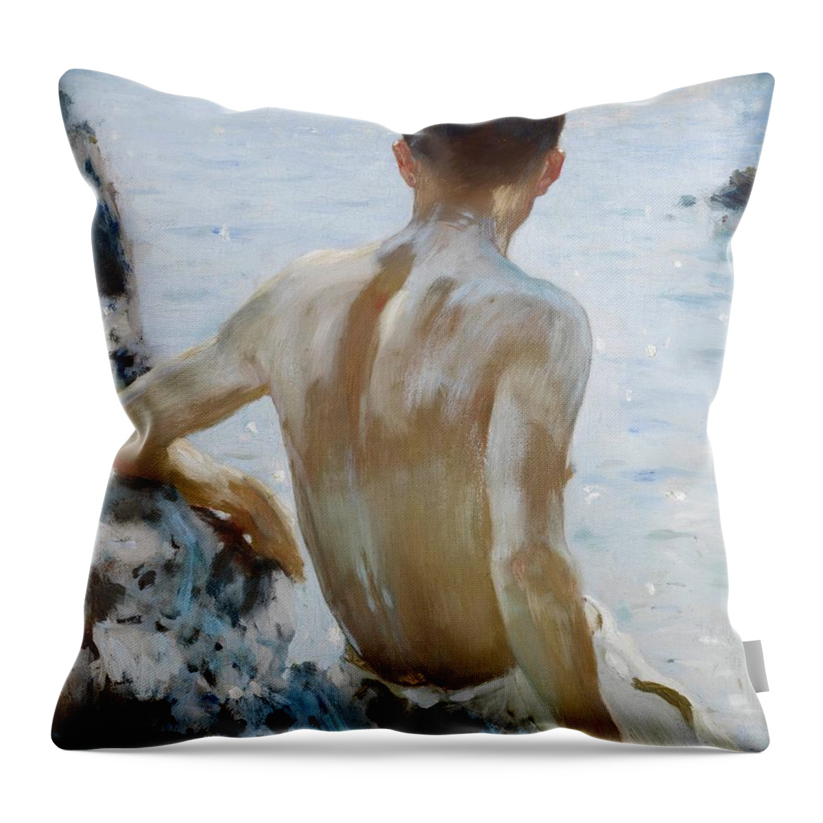 Beach Study Throw Pillow featuring the painting Beach Study by Henry Scott Tuke