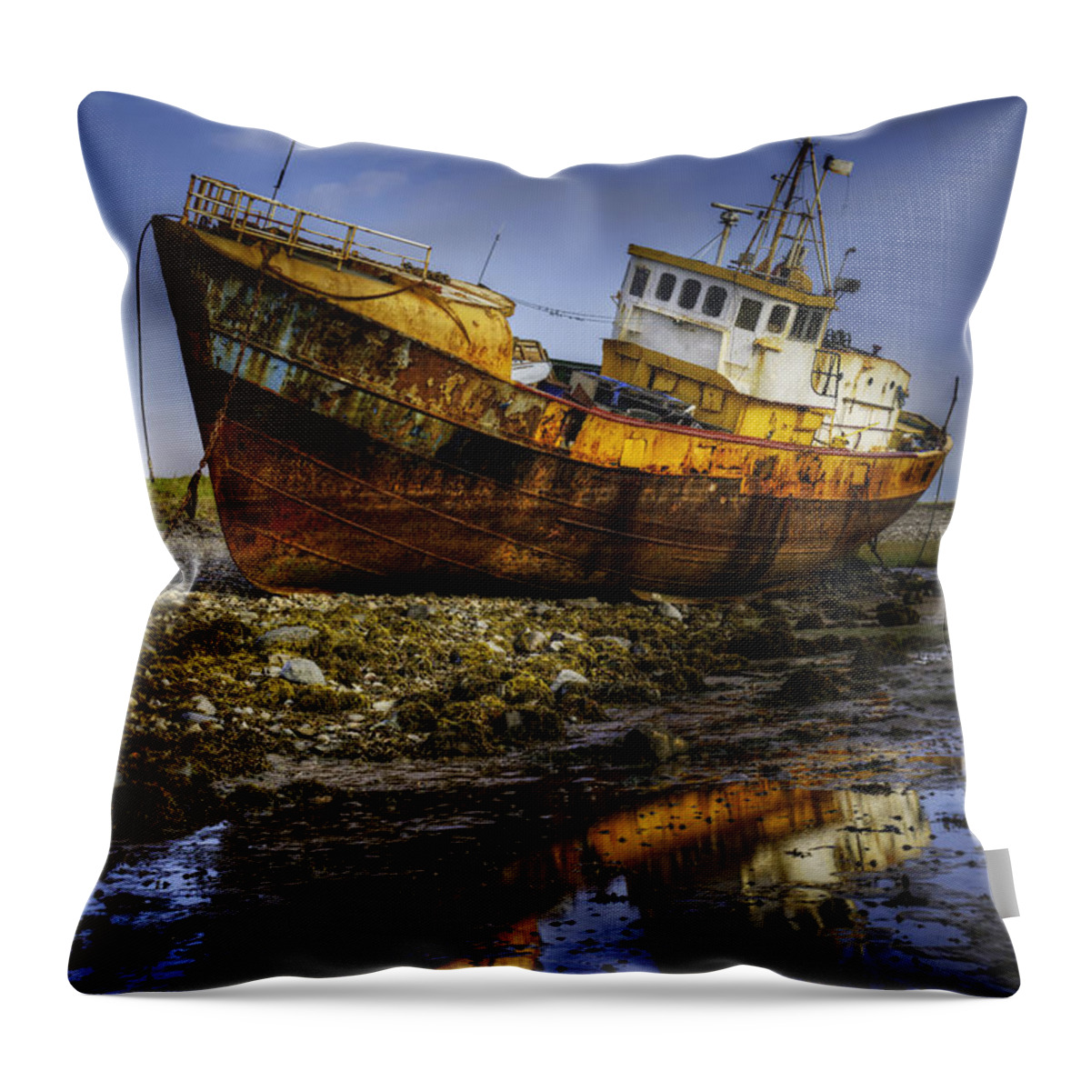 Boats Throw Pillow featuring the photograph Beached Fishing Trawler Reflecting while waiting for the Tide by Dennis Dame