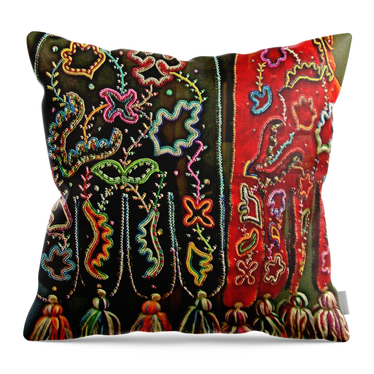 Beaded Bags At Teslin Tlingit Heritage Memorial Centre Throw Pillow featuring the photograph Beaded Bags at Teslin Tlingit Heritage Memorial Centre in Teslin, Yukon, Canada by Ruth Hager