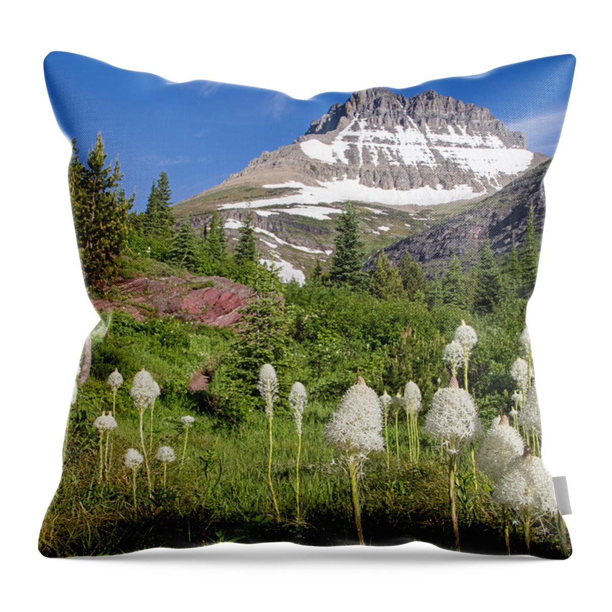 Beargrass Throw Pillow featuring the photograph Beargrass Blooms in Many Glacier Valley by Jack Bell