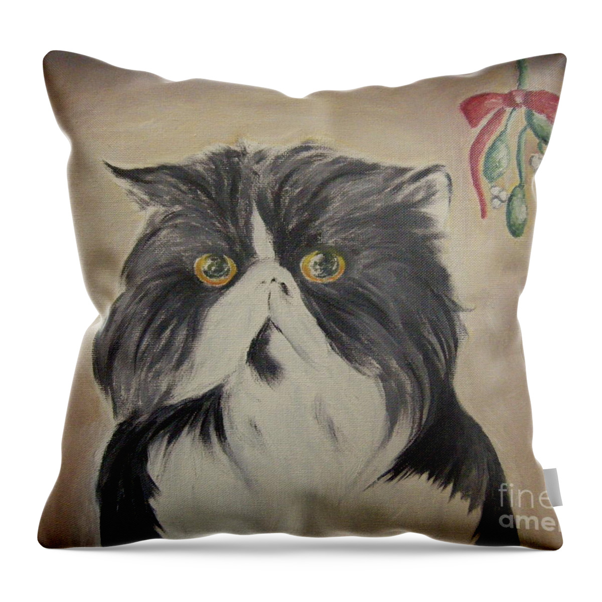 Cat Throw Pillow featuring the painting Beau with Mistletoe by Victoria Lakes