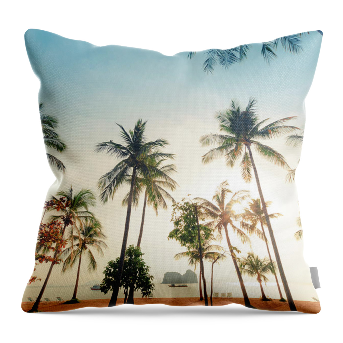 Water's Edge Throw Pillow featuring the photograph Beautiful Coconut Tree At The Beach by Primeimages