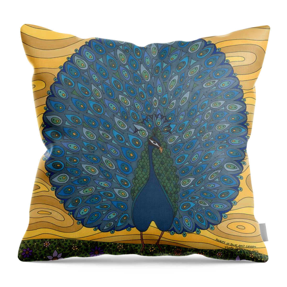Peacock Throw Pillow featuring the drawing Beauty In Blue And Green by Pamela Schiermeyer