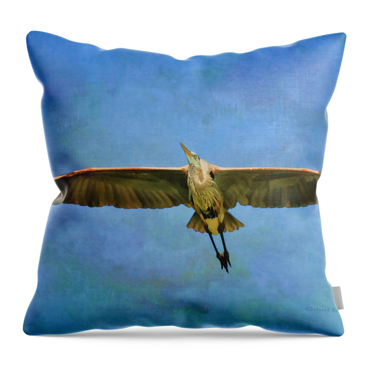 Blue Heron Throw Pillow featuring the photograph Beauty of Flight Textured by Deborah Benoit