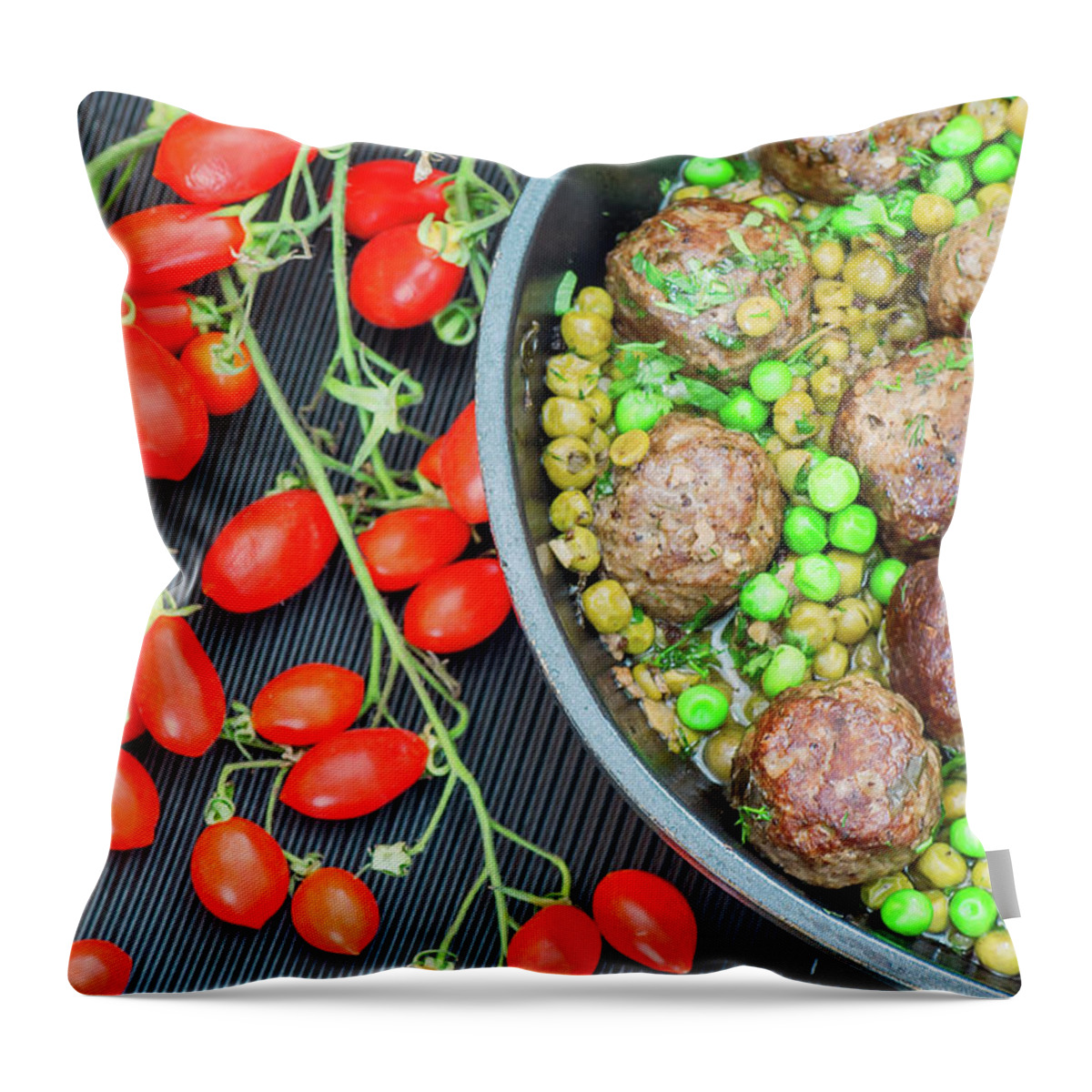 Meatball Throw Pillow featuring the photograph Beef Meatballs With Peas And Lemon by Olga Solan, The Art Photographer