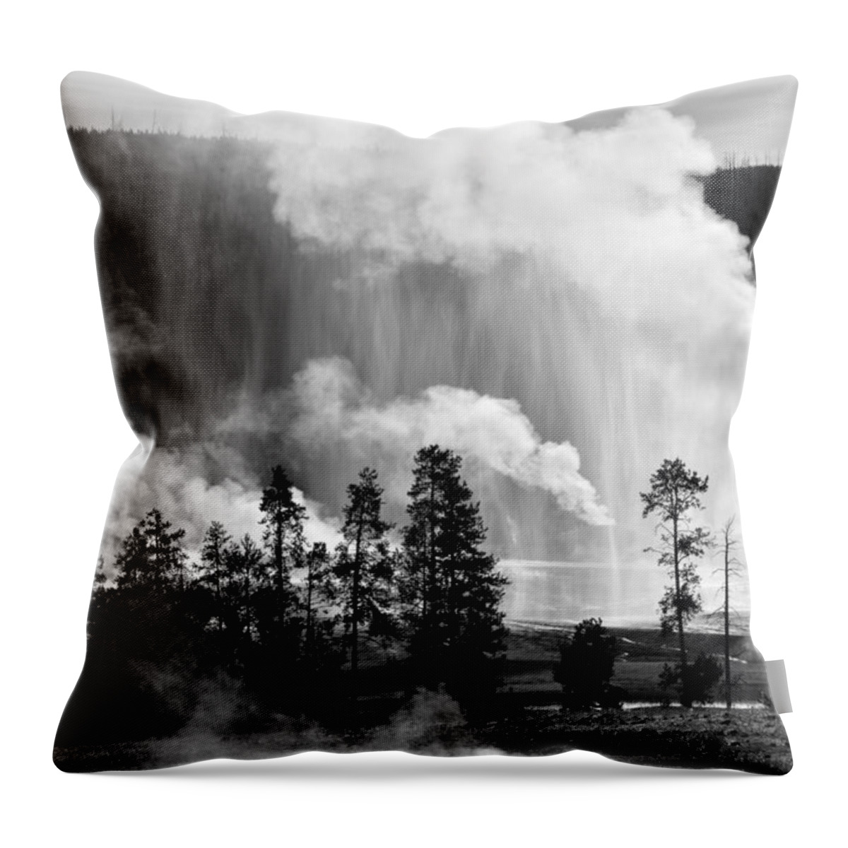 Yellowstone Throw Pillow featuring the photograph Beehive Geyser Shower in Black and White by Bruce Gourley