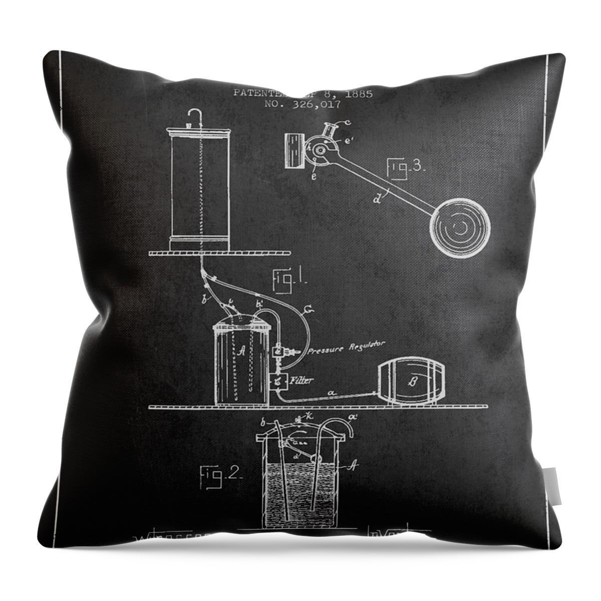 Beer Keg Throw Pillow featuring the digital art Beer Drawing Apparatus Patent from 1885 - Dark by Aged Pixel