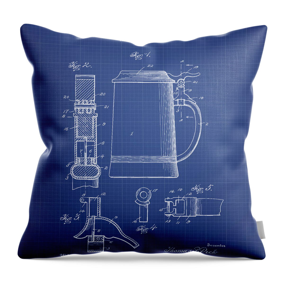 Beer Throw Pillow featuring the digital art Beer Stein Patent 1914 - Blueprint by Aged Pixel