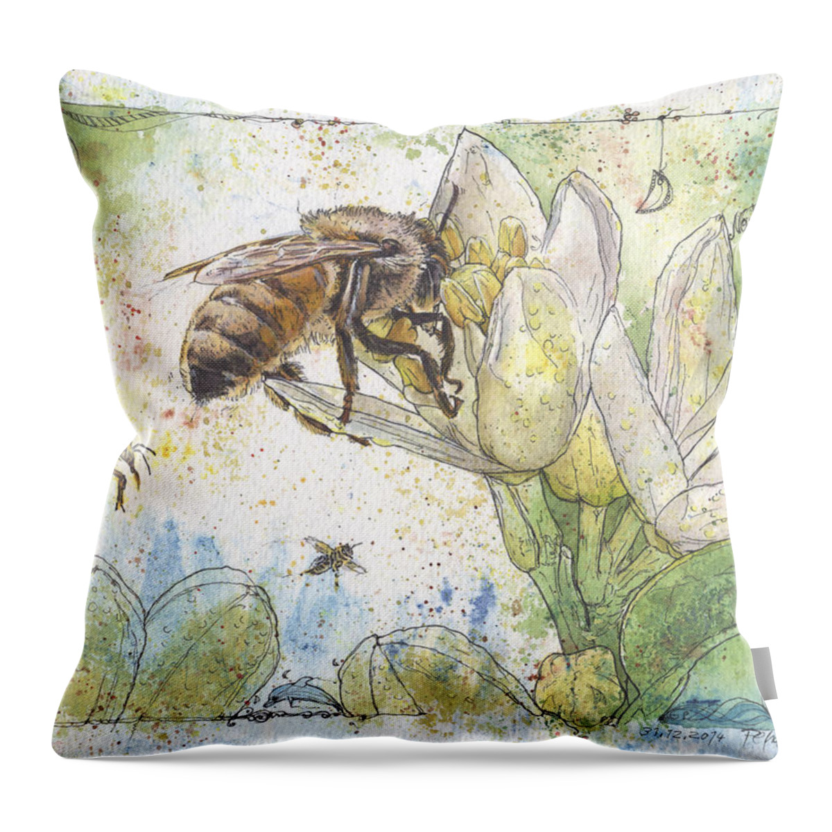 Bees Throw Pillow featuring the painting Bees and Lemon Blossom by Petra Rau