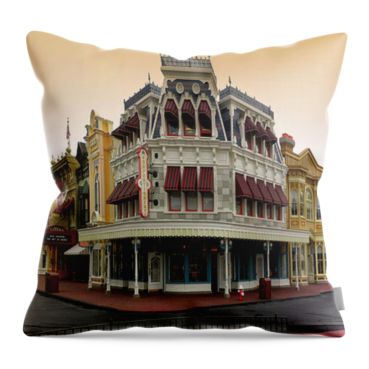 Magic Kingdom Throw Pillow featuring the photograph Before The Gates Open Magic Kingdom Main Street. by Thomas Woolworth