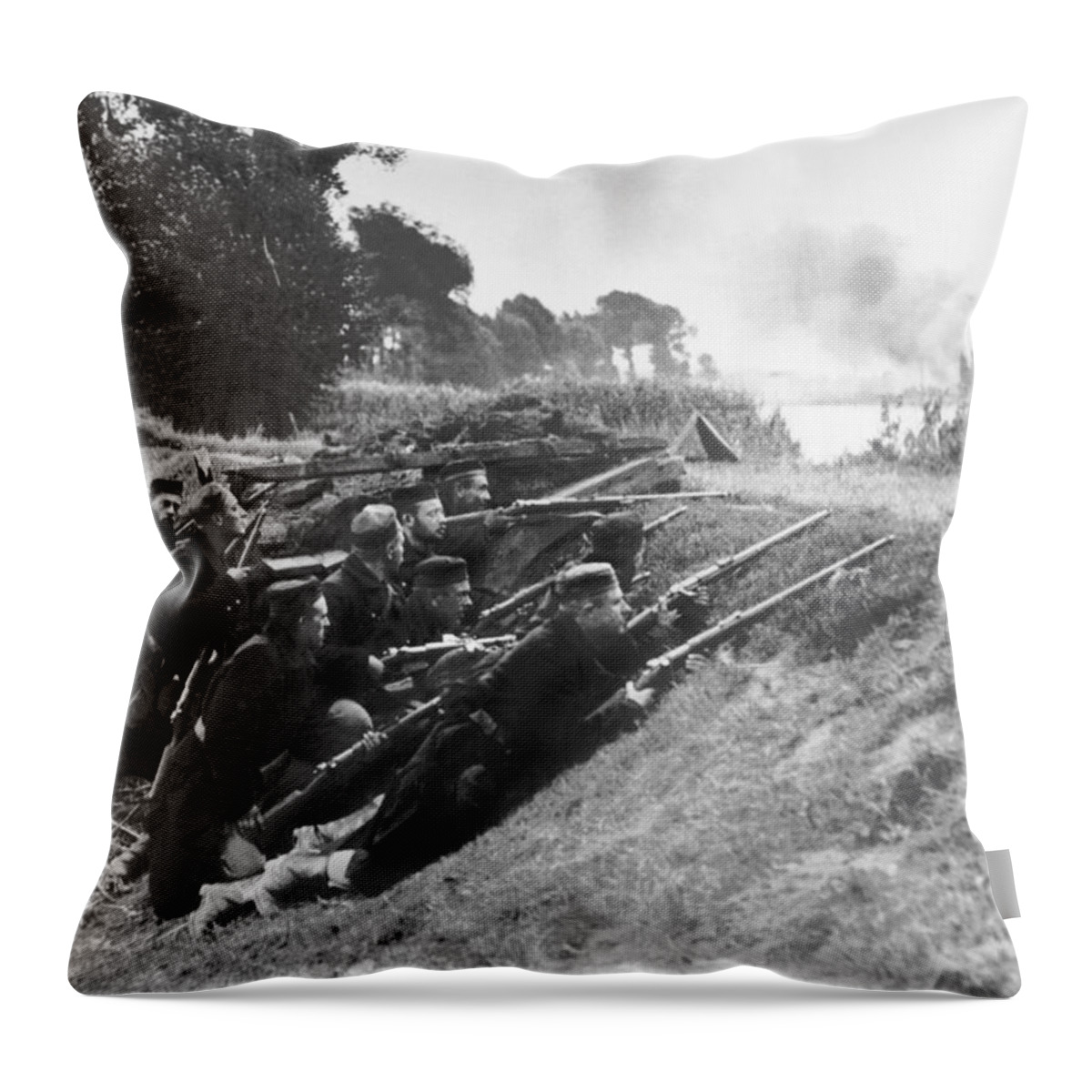 1910's Throw Pillow featuring the photograph Belgian Soldiers In Ambush by Underwood Archives