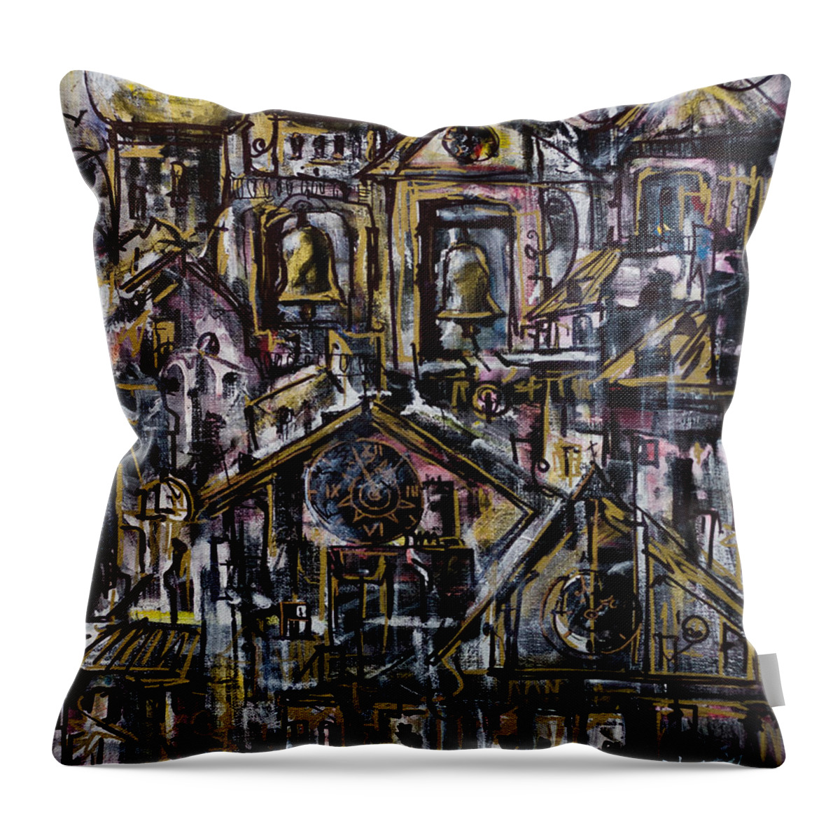 Acrylic Throw Pillow featuring the painting Bells Clocks and Crosses by Maxim Komissarchik