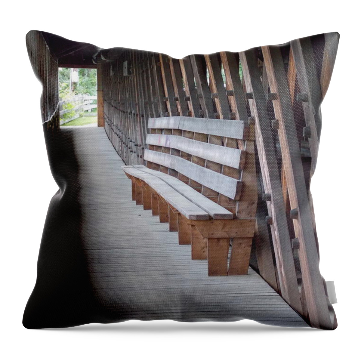Covered Bridges Throw Pillow featuring the photograph Bench Inside a Covered Bridge by Catherine Gagne