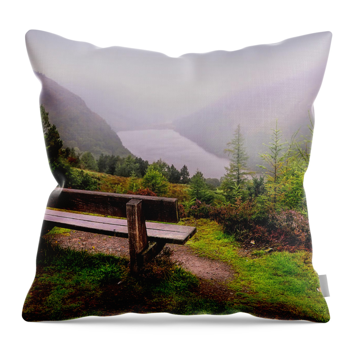 Jenny Rainbow Fine Art Photography Throw Pillow featuring the photograph Bench over the Upper Lake. Glendalough. Ireland by Jenny Rainbow