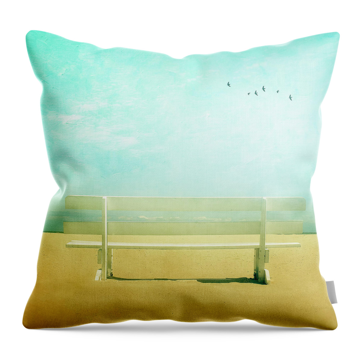 Tranquility Throw Pillow featuring the photograph Bench With Clouds And Birds by Diana Kehoe Photography