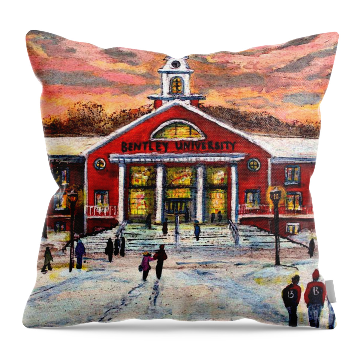 Bentley University Throw Pillow featuring the painting Bentley Under the Winter Clouds by Rita Brown