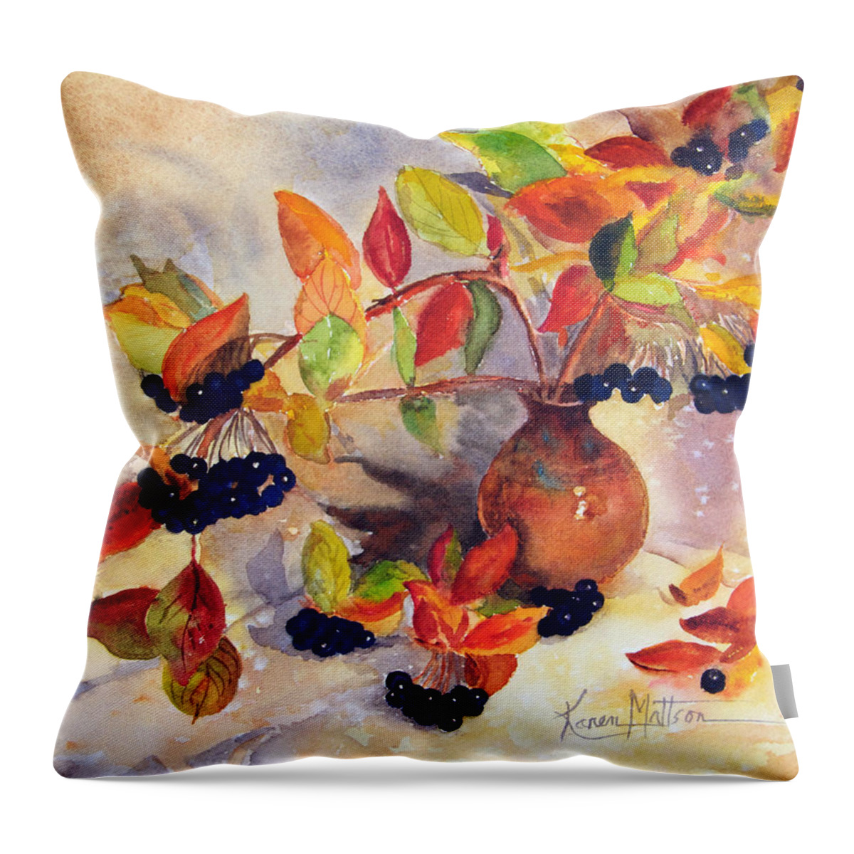 Berry Harvest Throw Pillow featuring the painting Berry Harvest Still Life by Karen Mattson