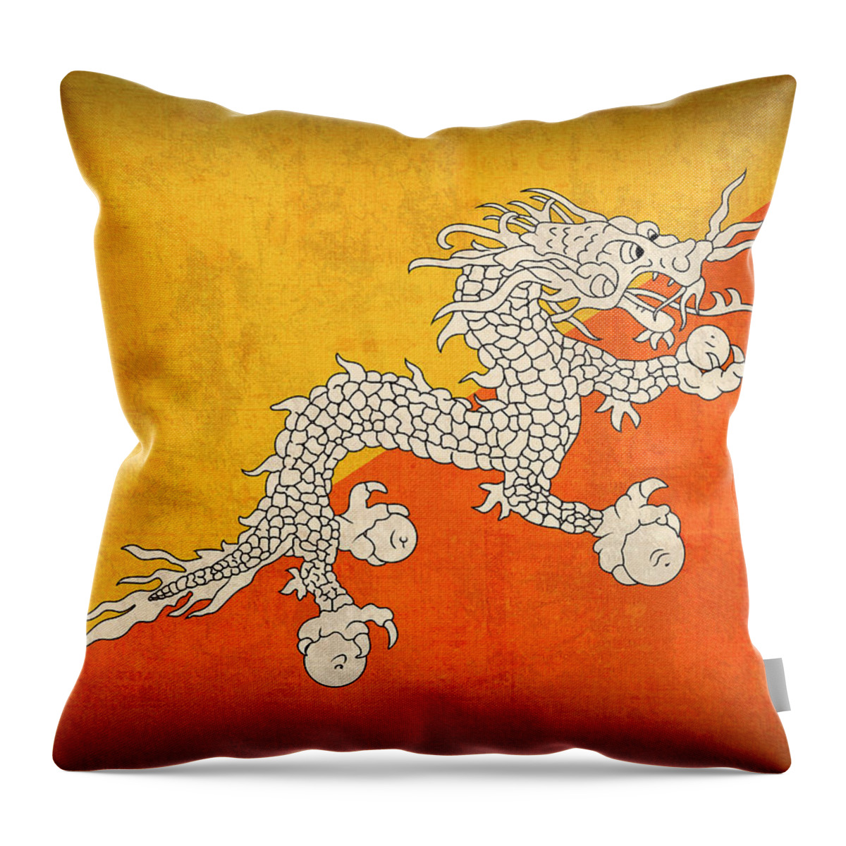 Bhutan Throw Pillow featuring the mixed media Bhutan Flag Vintage Distressed Finish by Design Turnpike