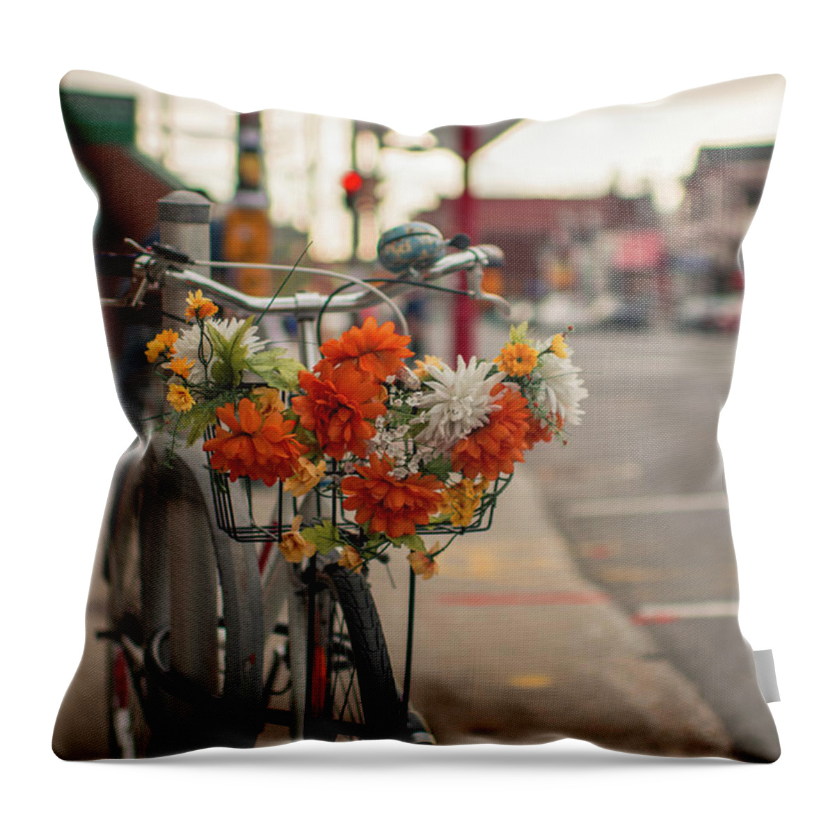 Silence Throw Pillow featuring the photograph Bicycle And Floral Decorated Basket by Preappy