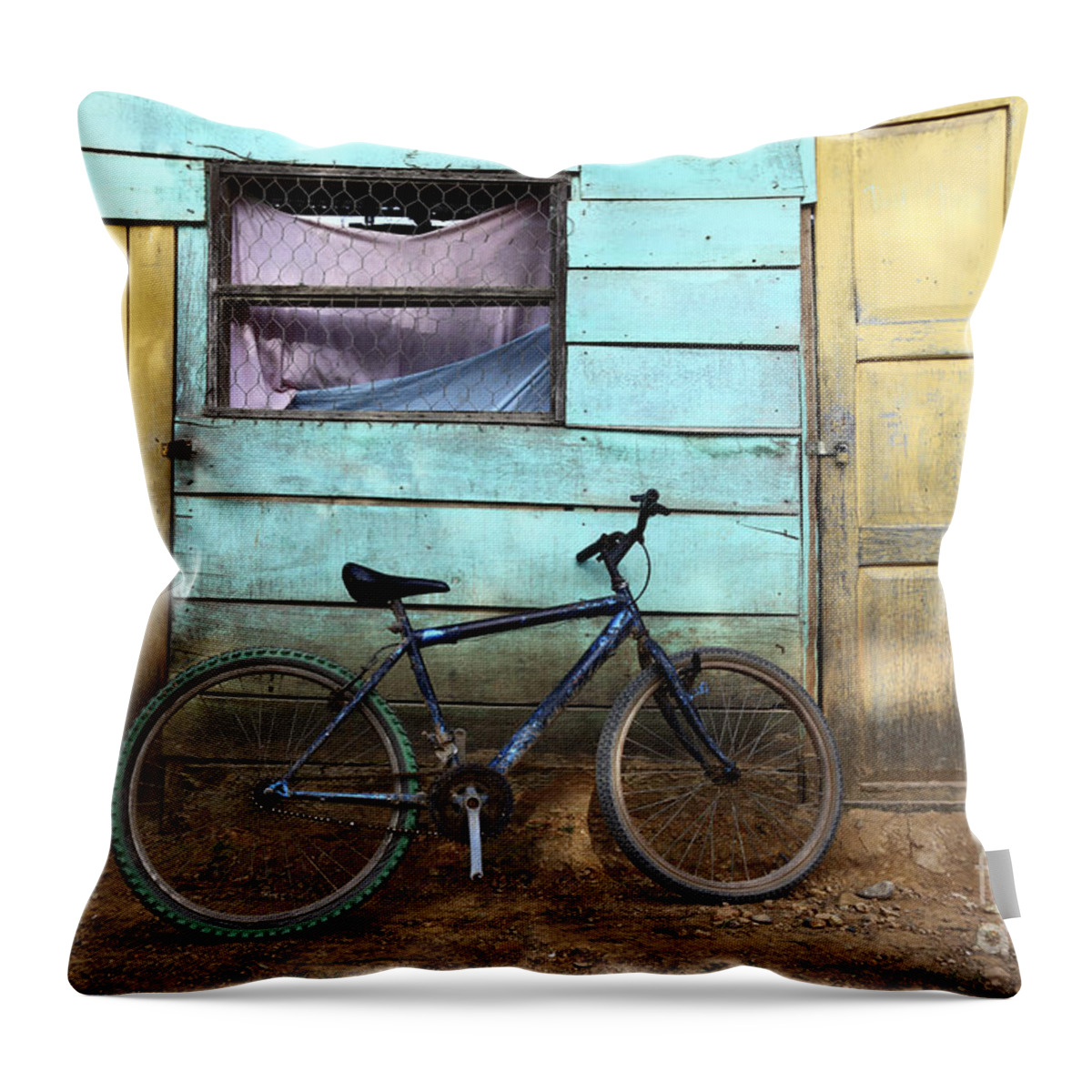 Bicycle Throw Pillow featuring the photograph Bicycle and Green House by James Brunker