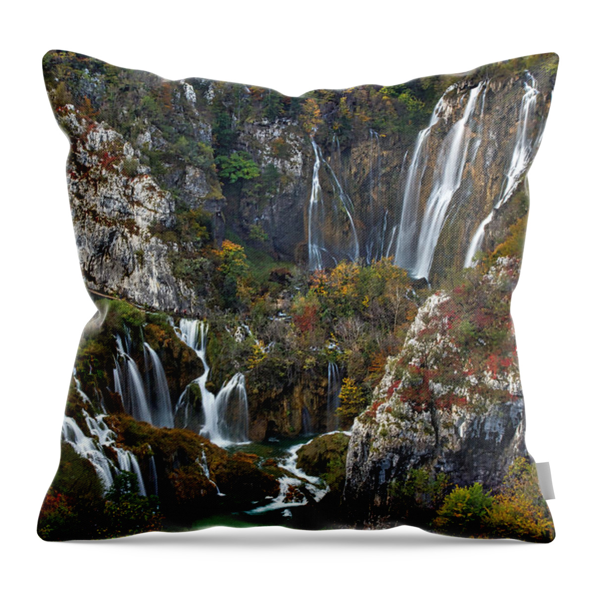 Croatia Throw Pillow featuring the photograph Big and Small Waterfalls - Croatia by Stuart Litoff