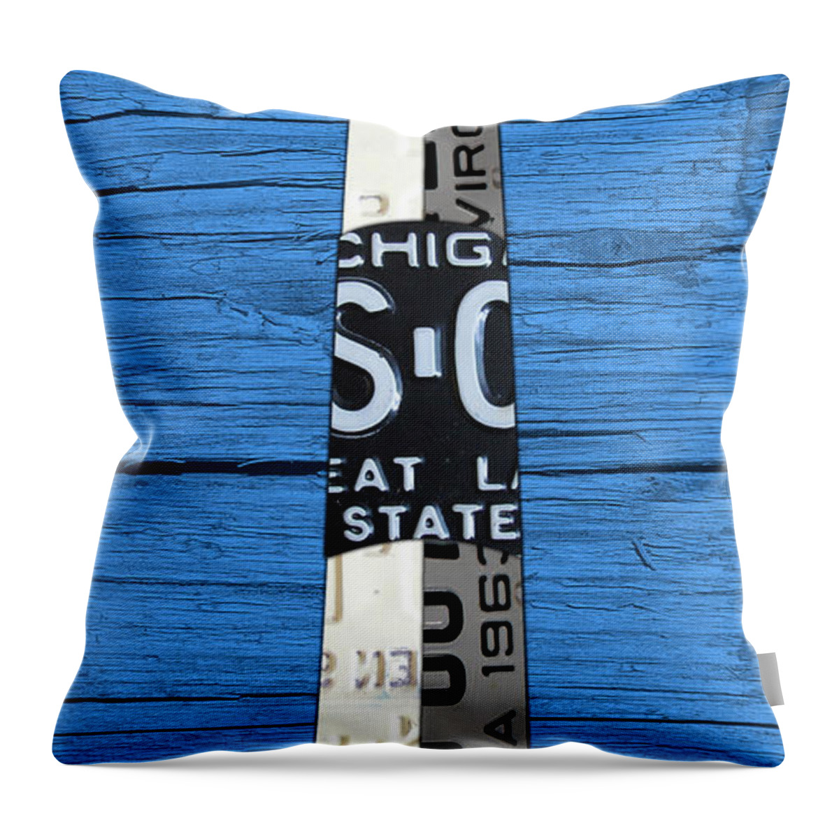 Big Throw Pillow featuring the mixed media Big Sable Point Lighthouse Michigan Great Lakes License Plate Art by Design Turnpike