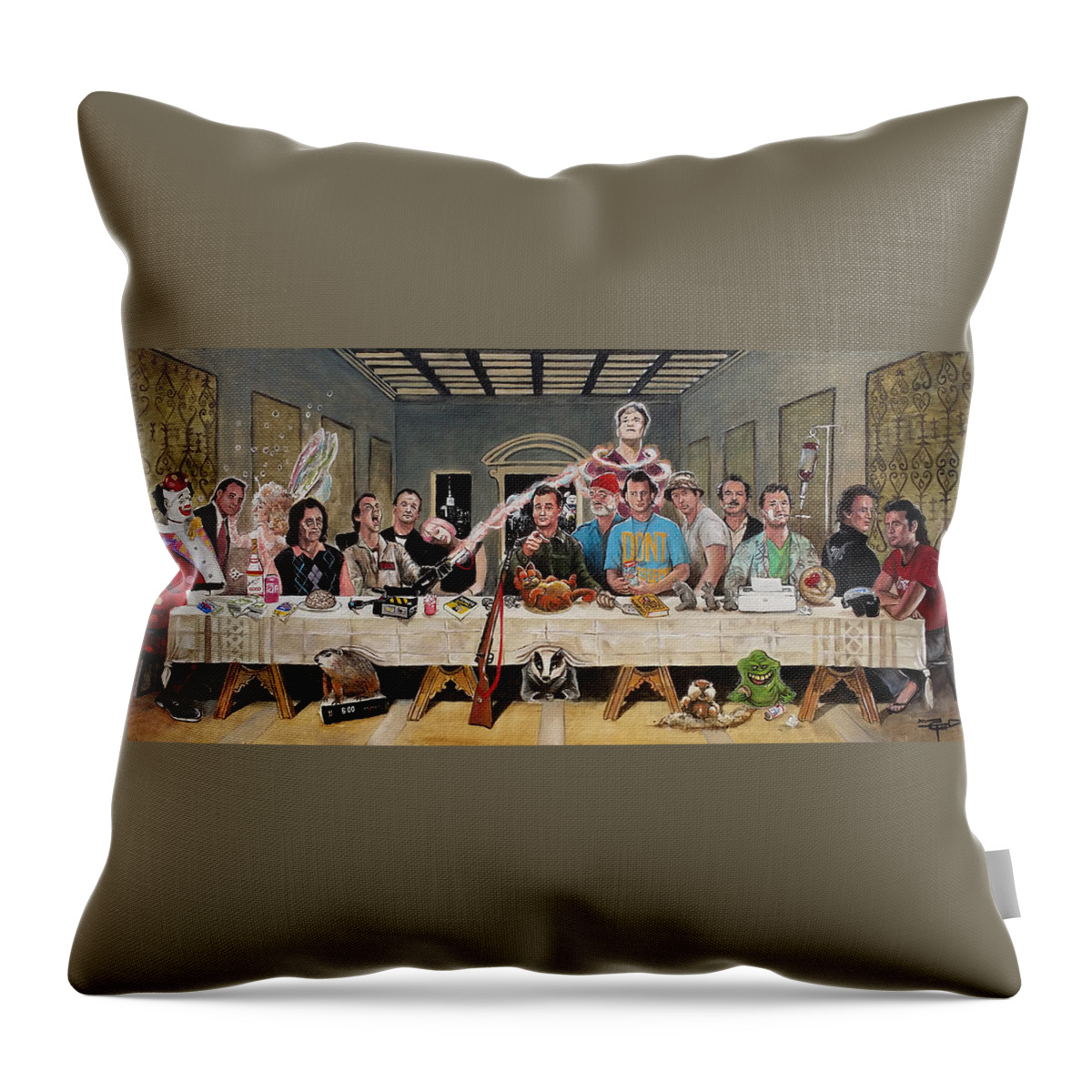 Bill Murray Throw Pillow featuring the painting Bills Last Supper by Tom Carlton