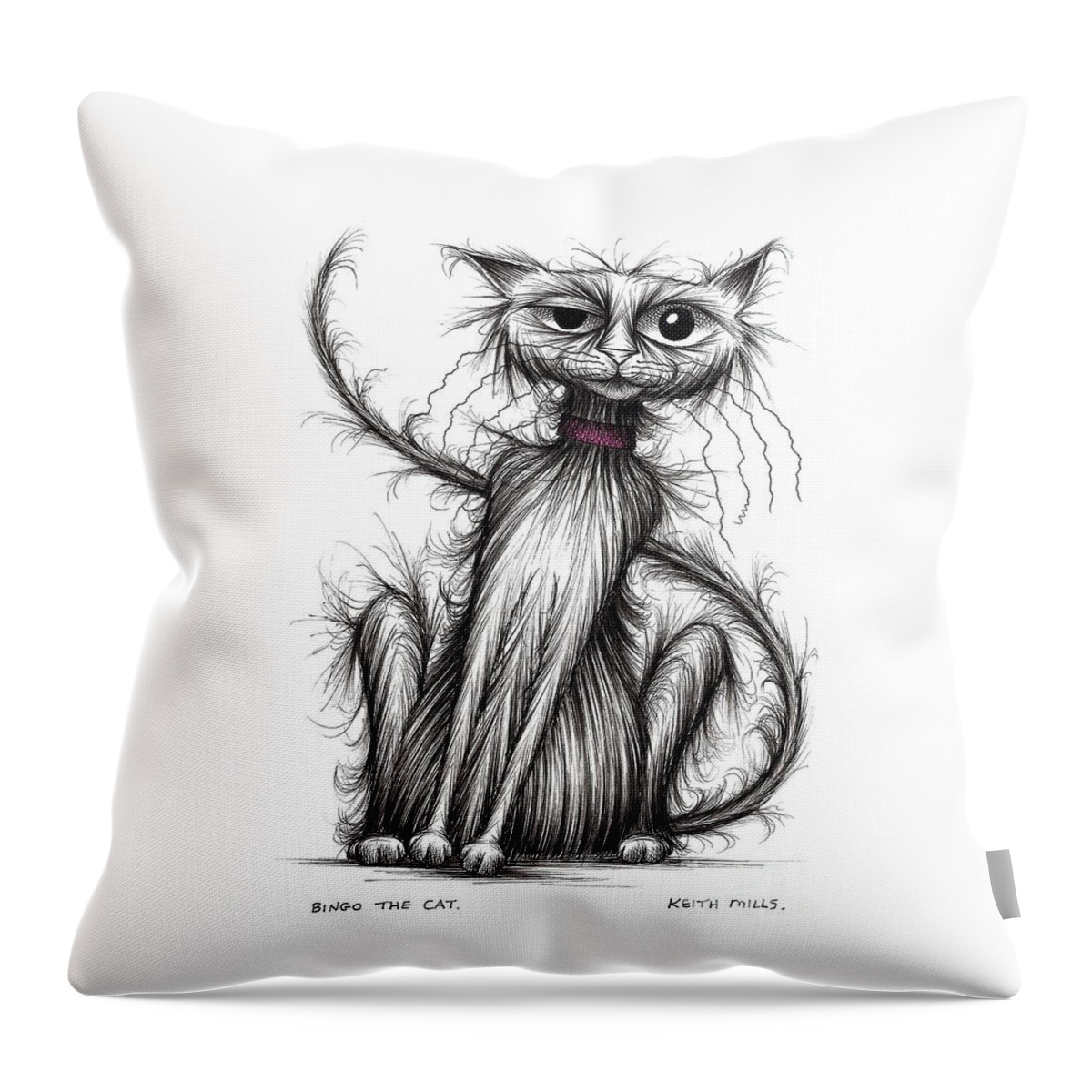 Cat Throw Pillow featuring the drawing Bingo the cat by Keith Mills