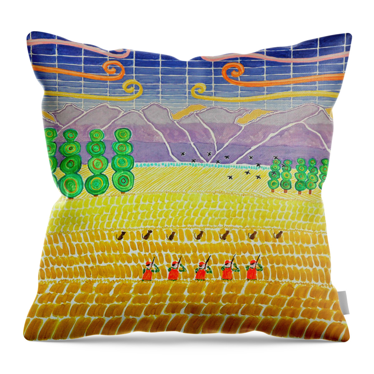 3d Throw Pillow featuring the painting Bird Hunting Lower Valley with Chocolate Labs by Jesse Jackson Brown