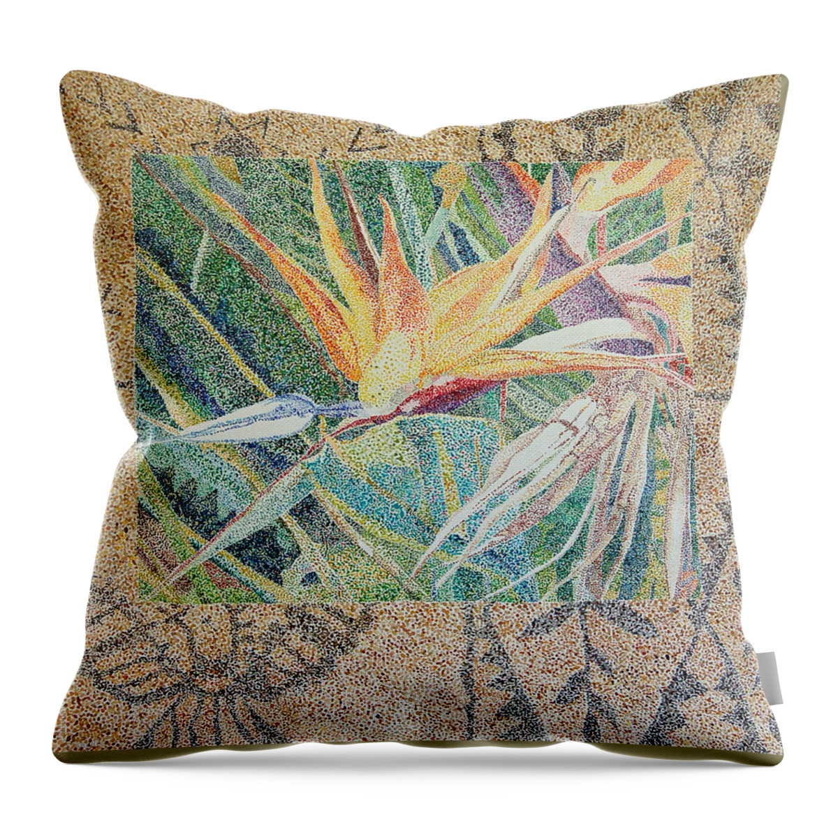Bird Of Paradise Throw Pillow featuring the painting Bird of Paradise with Tapa Cloth by Terry Holliday