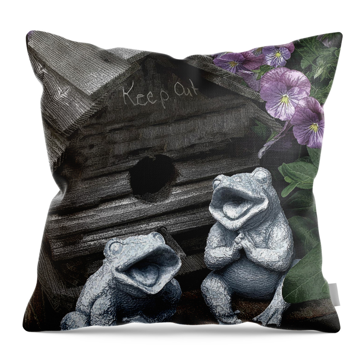 Birdhouse Throw Pillow featuring the photograph Birdhouse with Frogs by Bonnie Willis