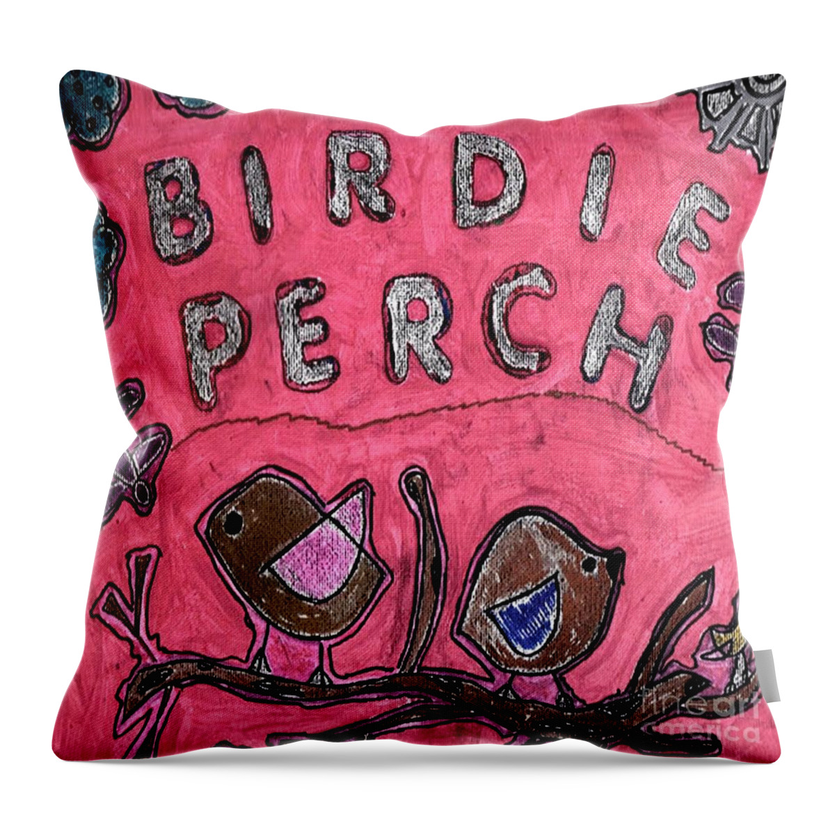 Abstract Colorful Painting Birdie Perch By Happy Fish Throw Pillow featuring the mixed media Birdie Perch by Donna Daugherty