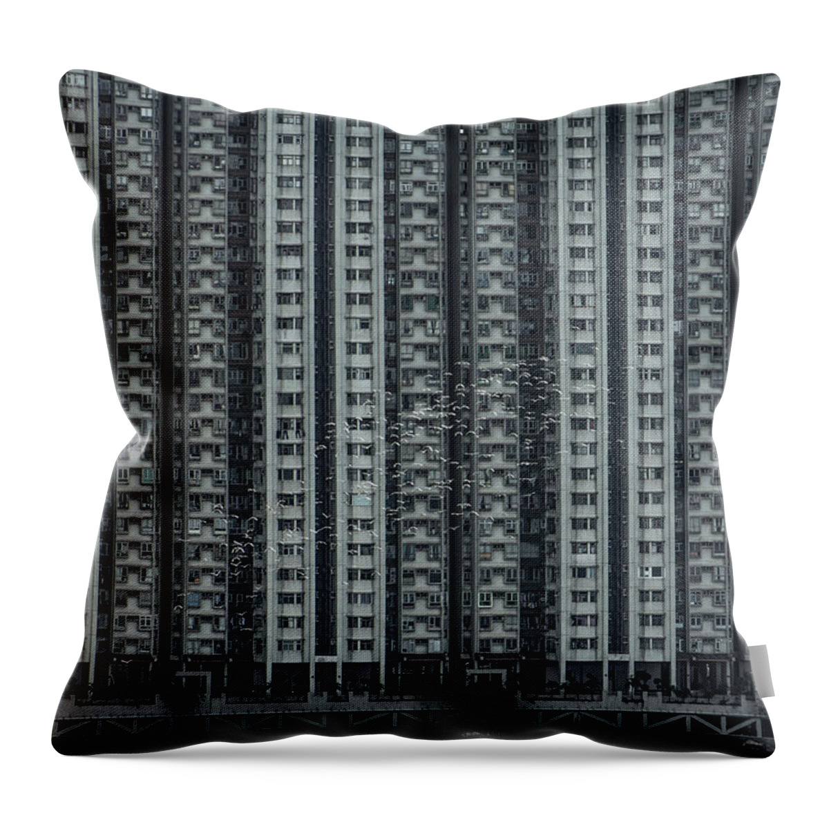 New Territories Throw Pillow featuring the photograph Birds Flying Against Dense Highrise by D3sign