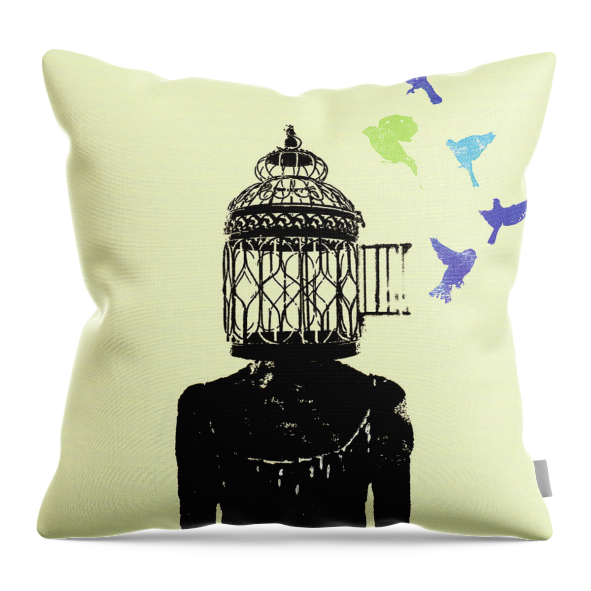 Abundance Throw Pillow featuring the photograph Birds Flying Out Of Womans Head Birdcage by Ikon Ikon Images