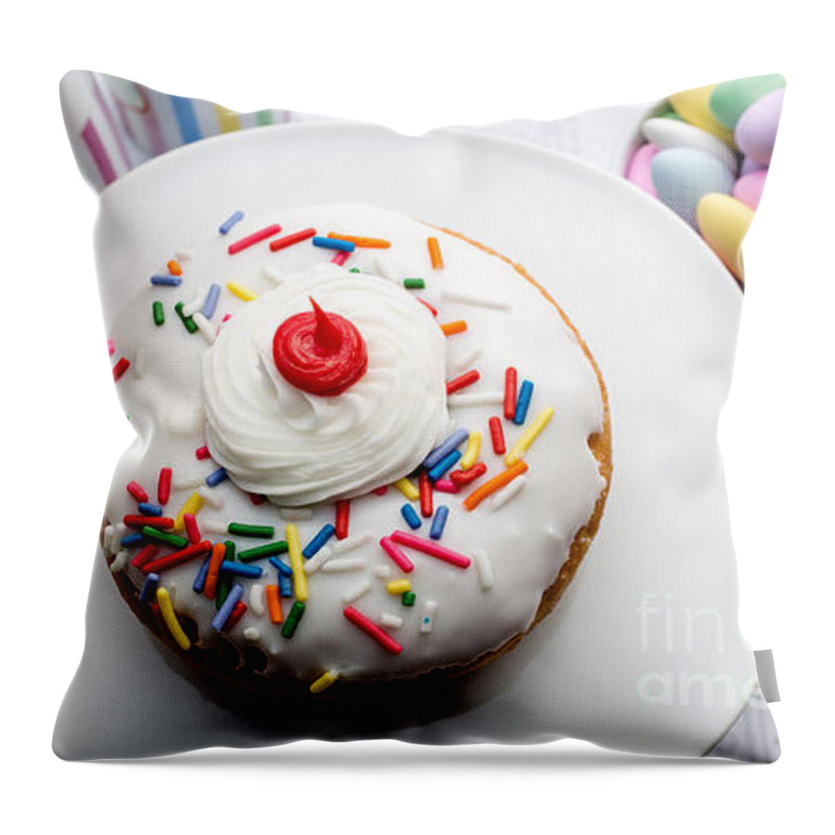 Food Throw Pillow featuring the photograph Birthday party donut by Edward Fielding