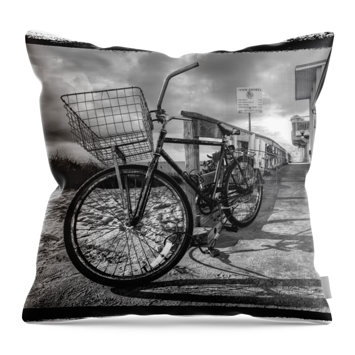 Clouds Throw Pillow featuring the photograph Black and White Beach Bike by Debra and Dave Vanderlaan