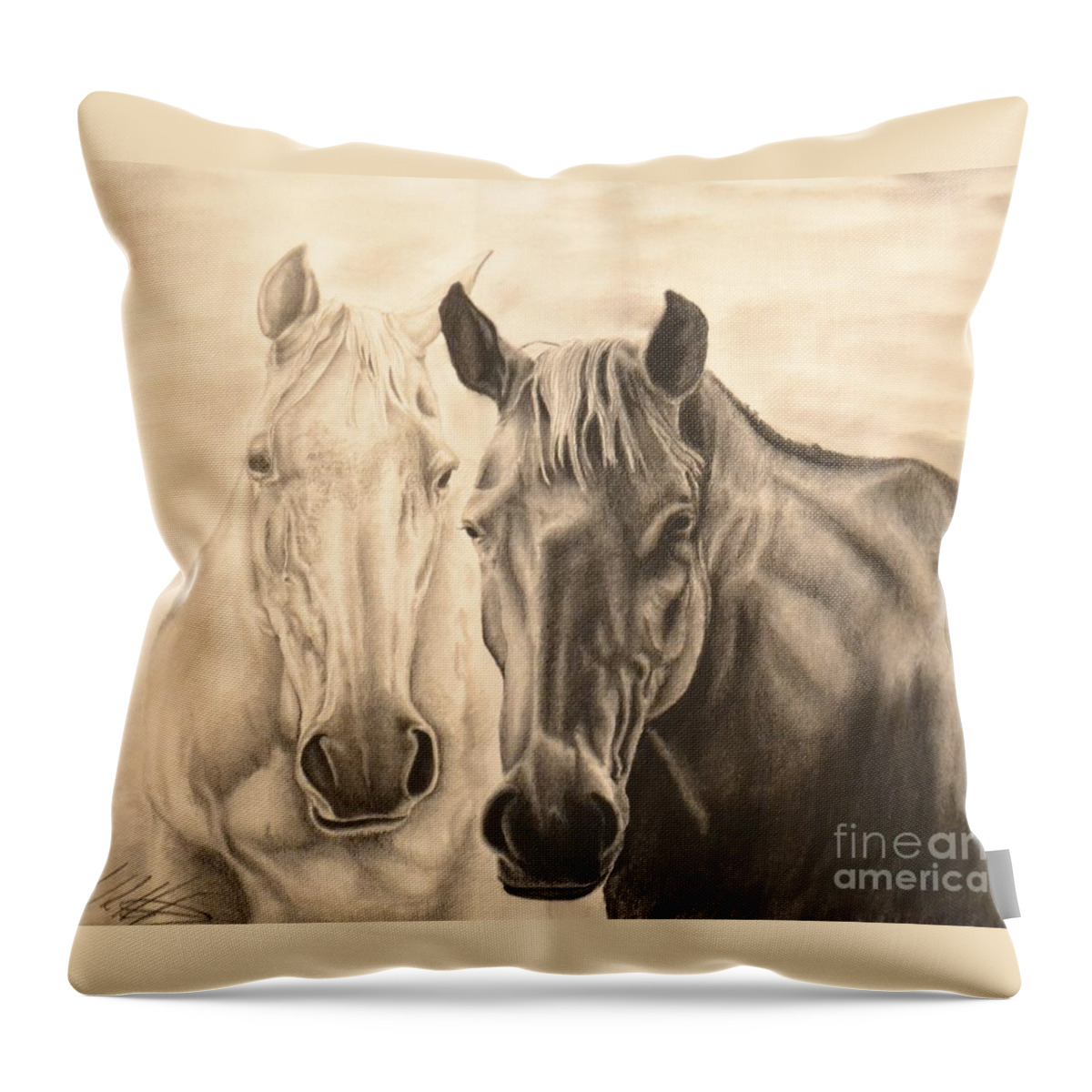 Horses Throw Pillow featuring the drawing Black and White by John Huntsman