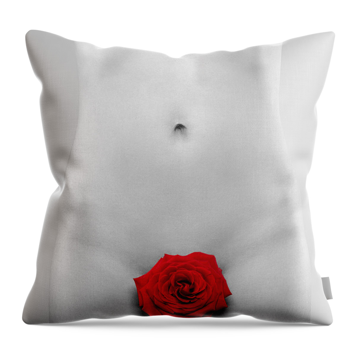 Nude Throw Pillow featuring the photograph Black and white naked woman body with red rose by Maxim Images Exquisite Prints