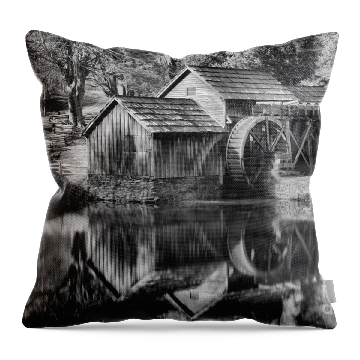 Mabry Mill Black And White Throw Pillow featuring the photograph Black And White Reflections Of The Mabry Mill by Adam Jewell