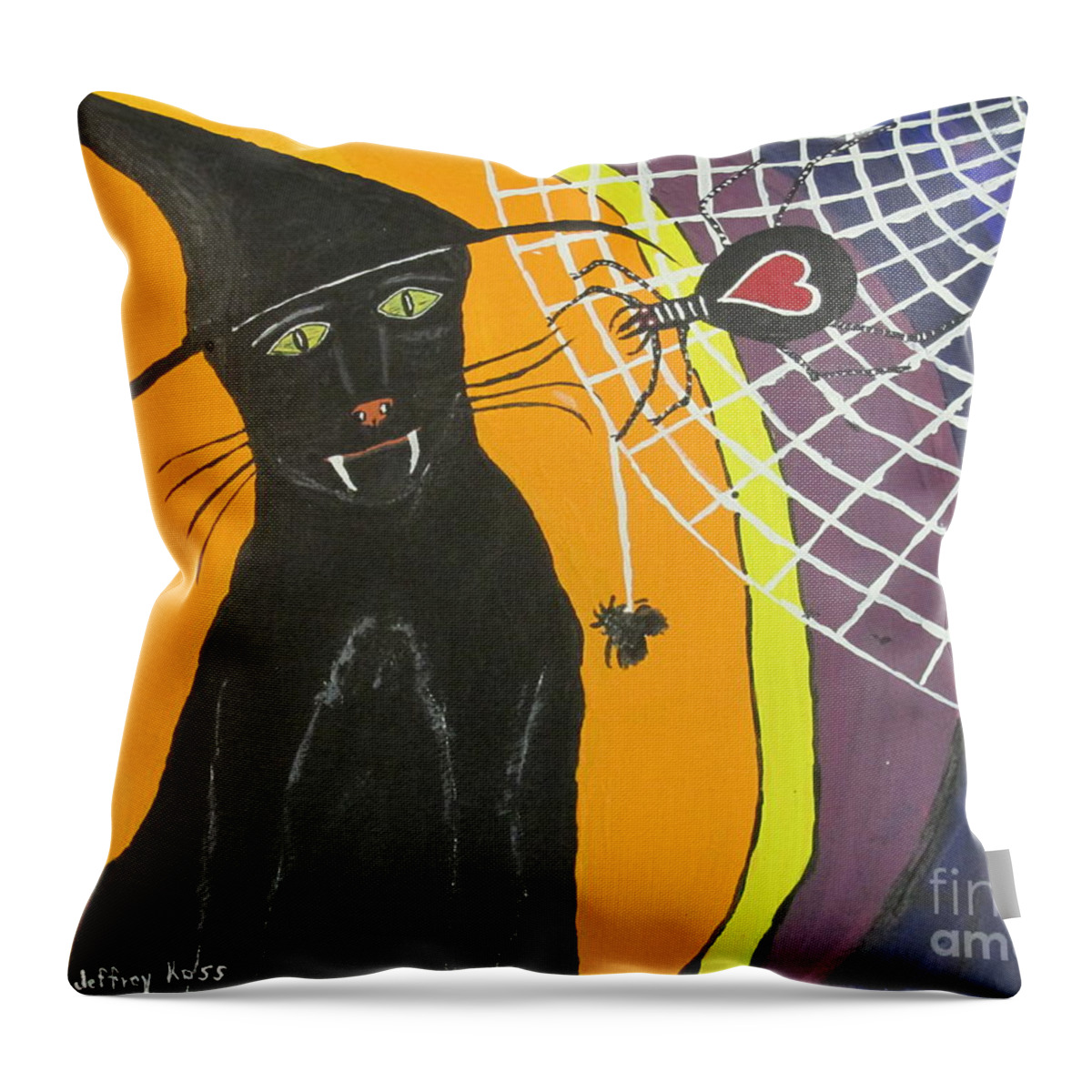 Cat Throw Pillow featuring the painting Black Cat In A Hat by Jeffrey Koss