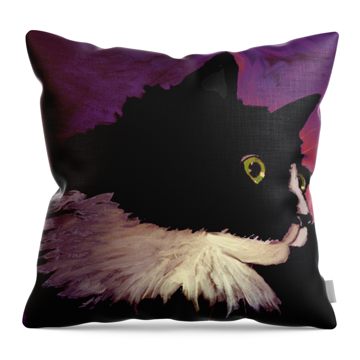 Cat Throw Pillow featuring the painting Black Cat on Purple HORIZONTAL by Dale Moses