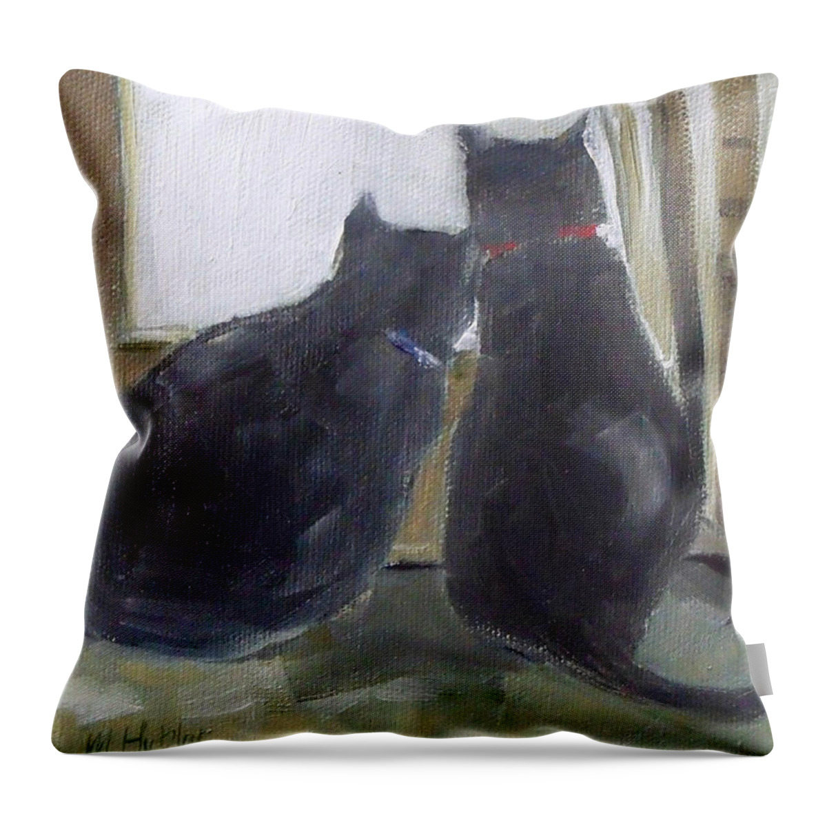 Cat Throw Pillow featuring the painting Black Cats by Mary Hubley
