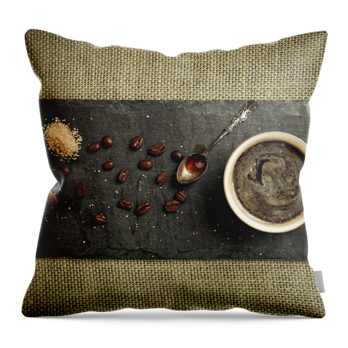Breakfast Throw Pillow featuring the photograph Black Espresso And Coffee Beans by Jorgegonzalez