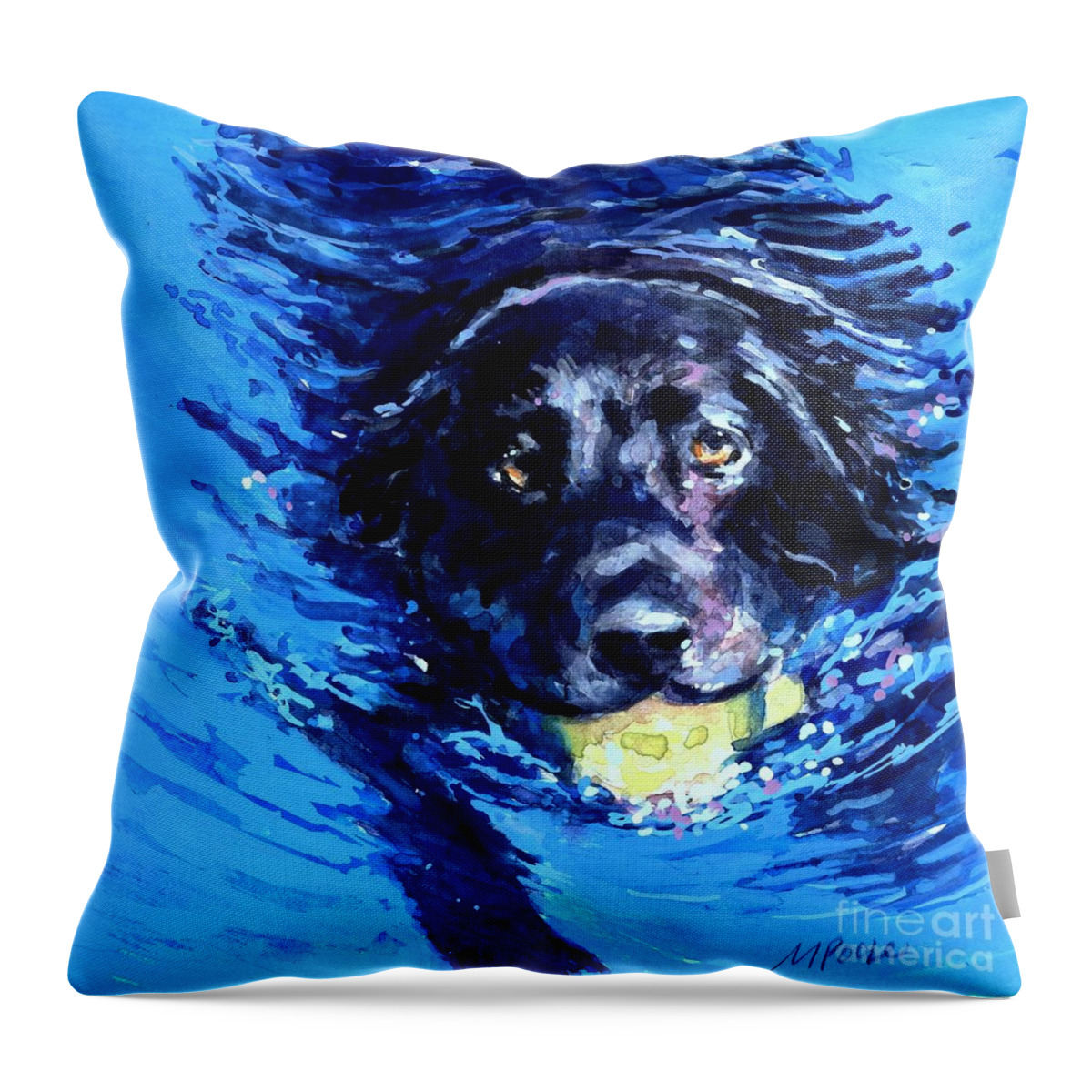 Black Lab Throw Pillow featuring the painting Black Lab Blue Wake by Molly Poole