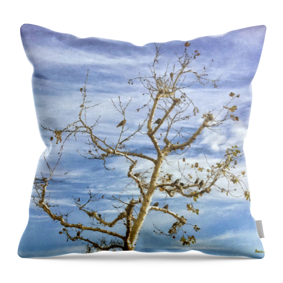 Blackbird Throw Pillow featuring the painting Blackbirds in a tree by Angela Stanton