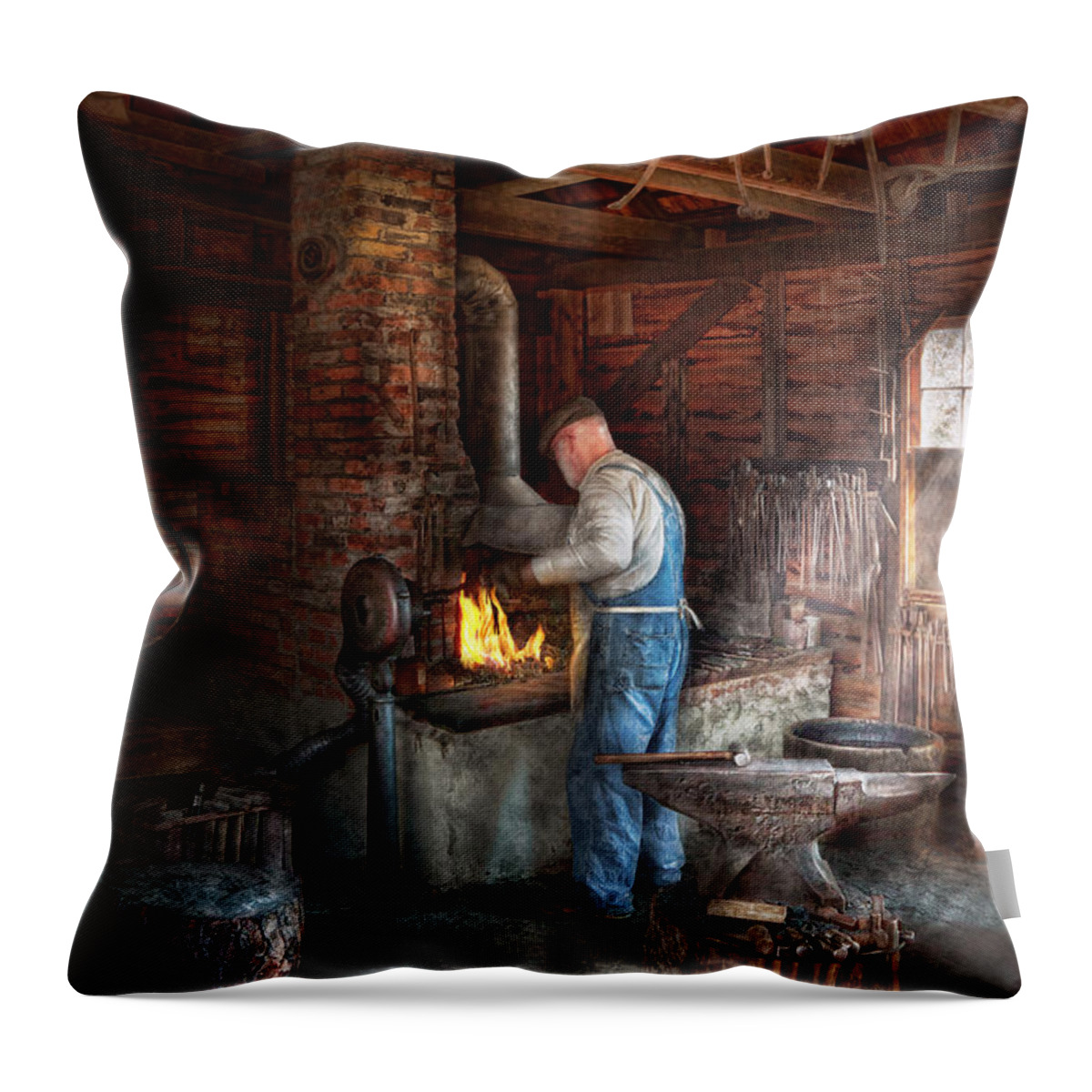 Blacksmith Throw Pillow featuring the photograph Blacksmith - The importance of the Blacksmith by Mike Savad