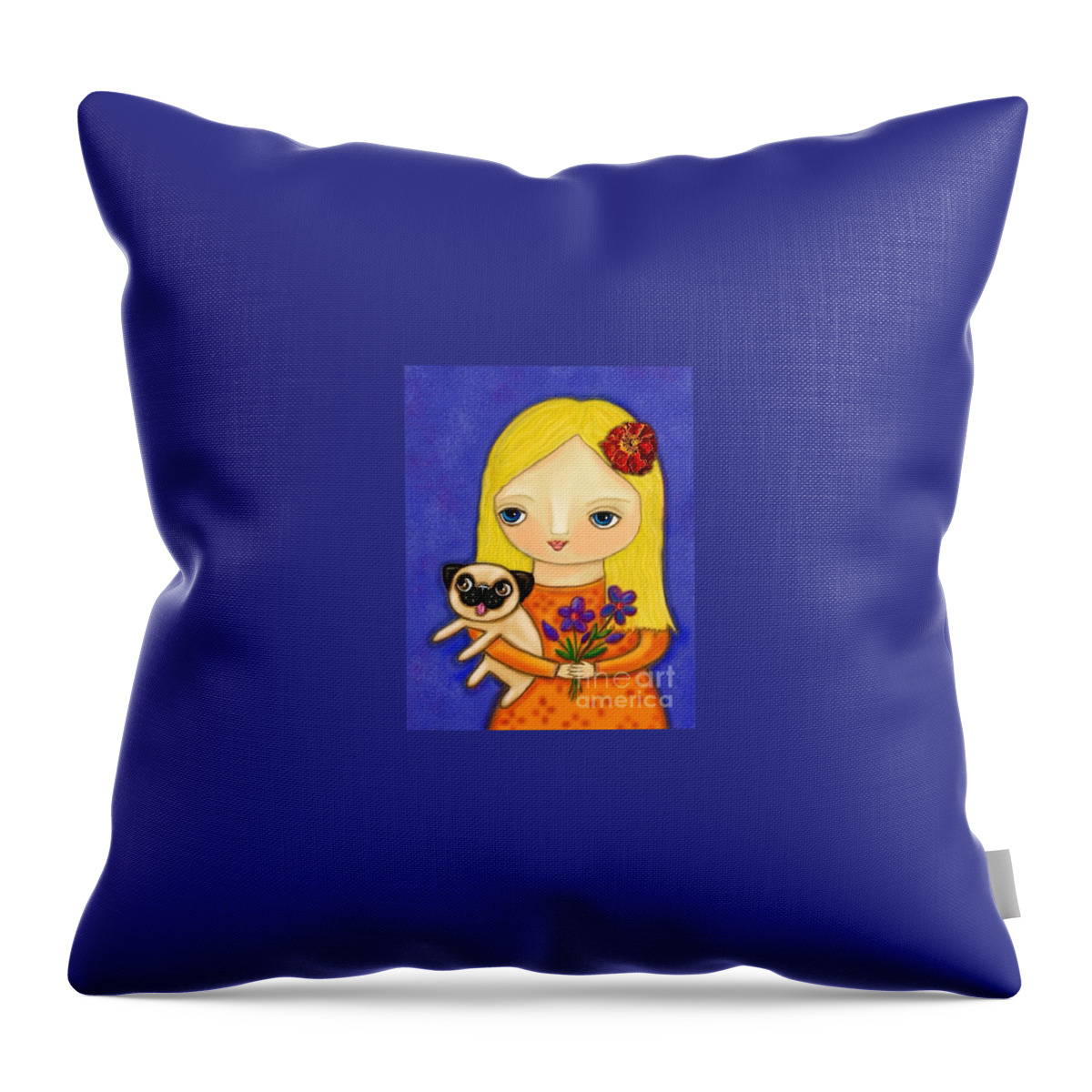 Pug Throw Pillow featuring the painting Blonde Girl with Pug by Cynthia Snyder